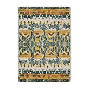 5x8 area rug with a tribal-inspired symmetrical pattern in gold, green, rust, and cream tones, evoking primal energy and totemic power