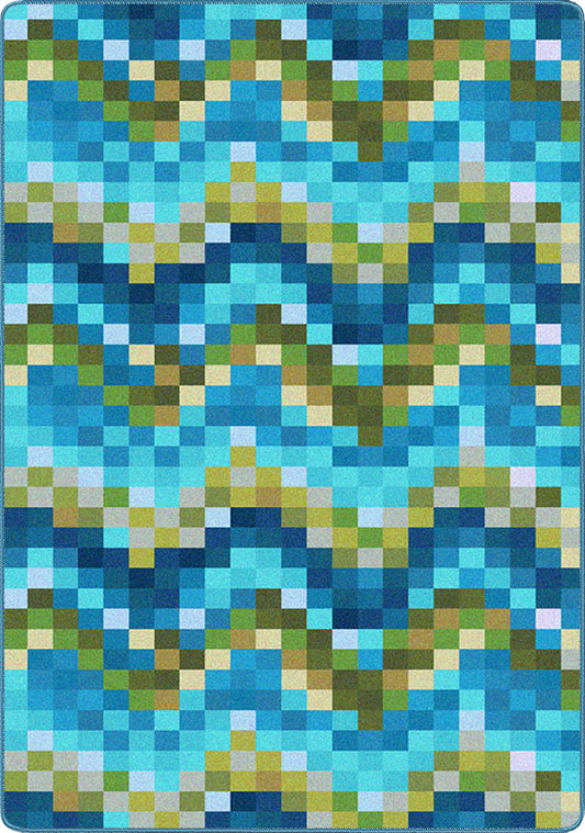 Pixelated blue and green patterned rug