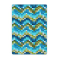 Load image into Gallery viewer, 5x8 area rug with a ripple-style pixelated pattern in aqua blue, moss green, and soft gold, inspired by digital design and retro gaming aesthetics



