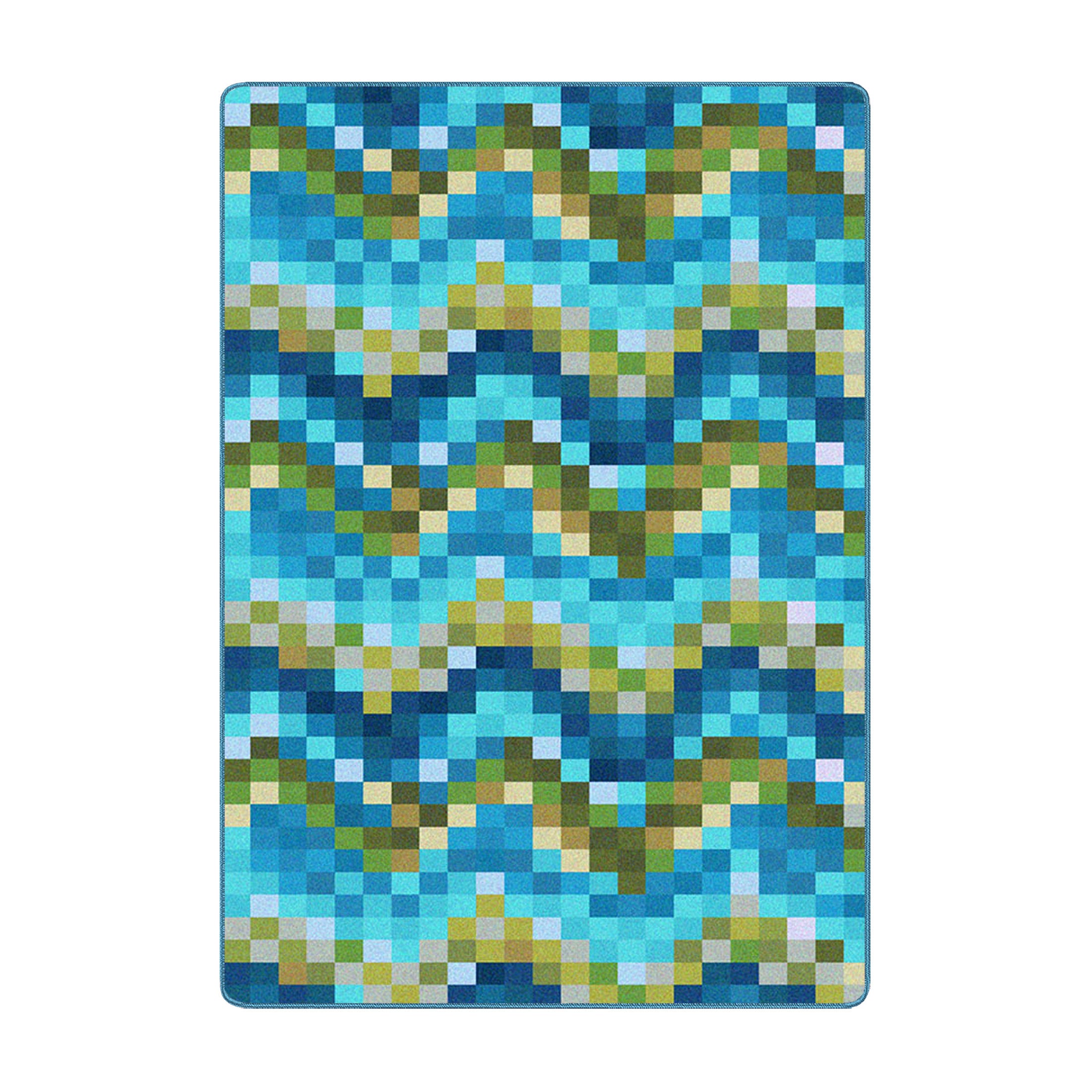 5x8 area rug with a ripple-style pixelated pattern in aqua blue, moss green, and soft gold, inspired by digital design and retro gaming aesthetics


