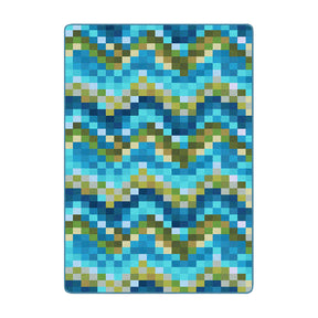 5x8 area rug with a ripple-style pixelated pattern in aqua blue, moss green, and soft gold, inspired by digital design and retro gaming aesthetics

