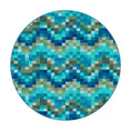 Load image into Gallery viewer,  8x8 round version of The Pixel Pool rug with vibrant pixel-style waves in aqua, green, and gold tones radiating in a ripple effect

