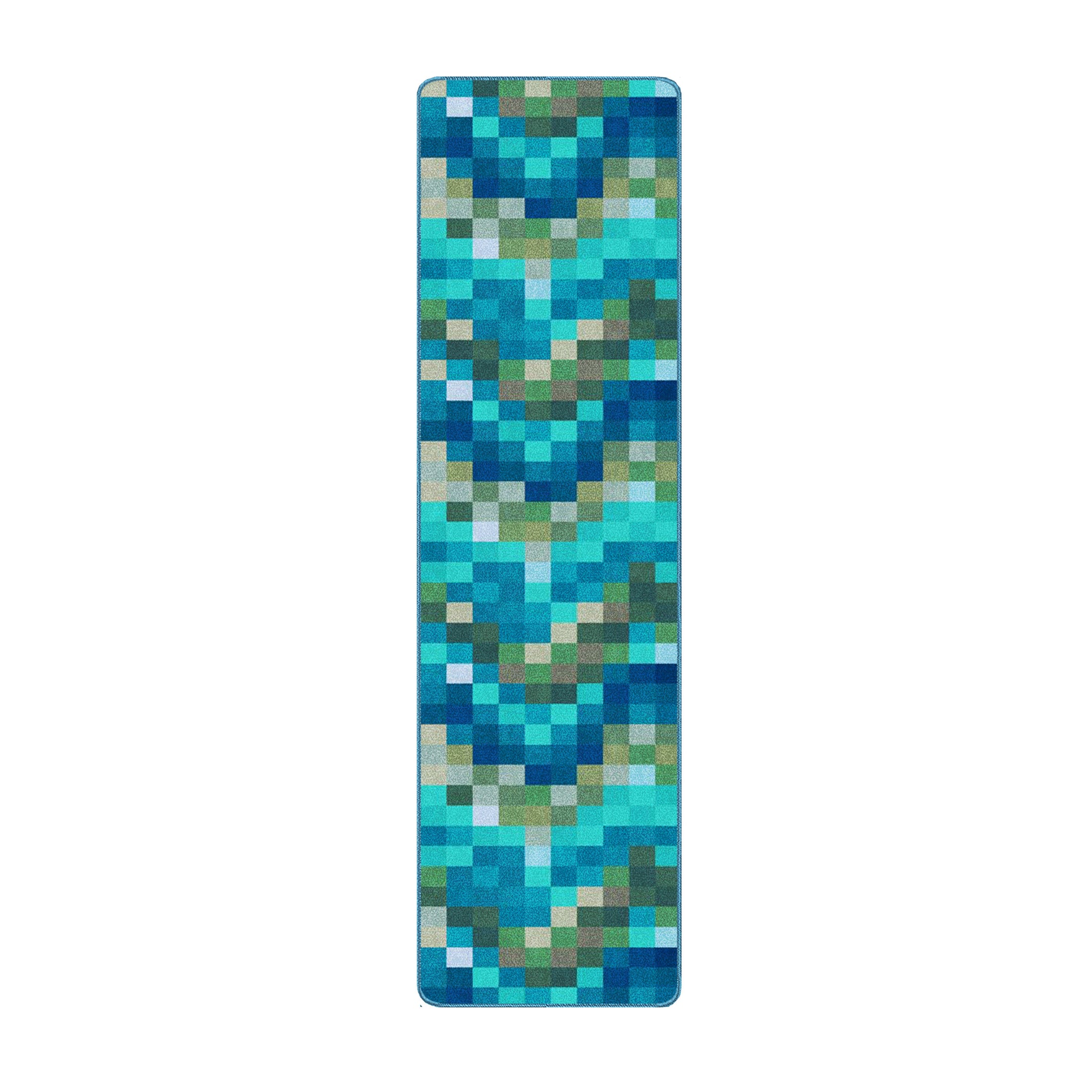 2x8 runner version of The Pixel Pool rug with a pixelated ripple pattern in digital blues, greens, and golds, perfect for hallways and narrow game room spaces