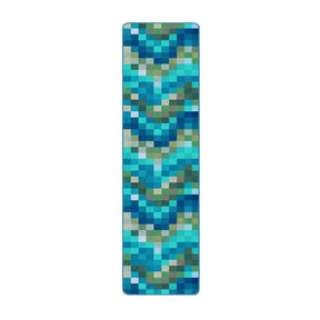 2x8 runner version of The Pixel Pool rug with a pixelated ripple pattern in digital blues, greens, and golds, perfect for hallways and narrow game room spaces