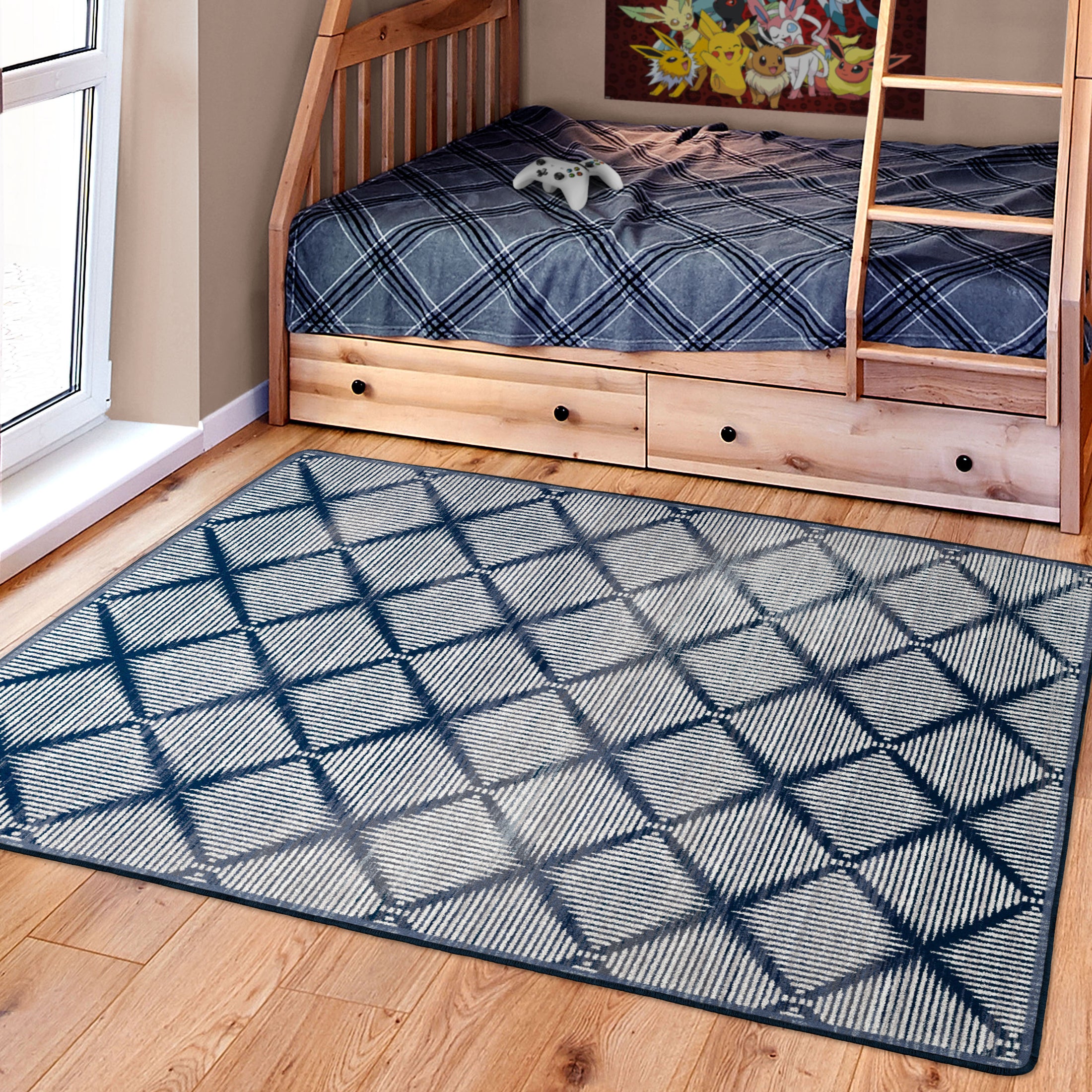 Room scene featuring the Prismspire rug placed beneath boys’ bunk beds, with a navy and cream diamond grid design for a modern, clean look