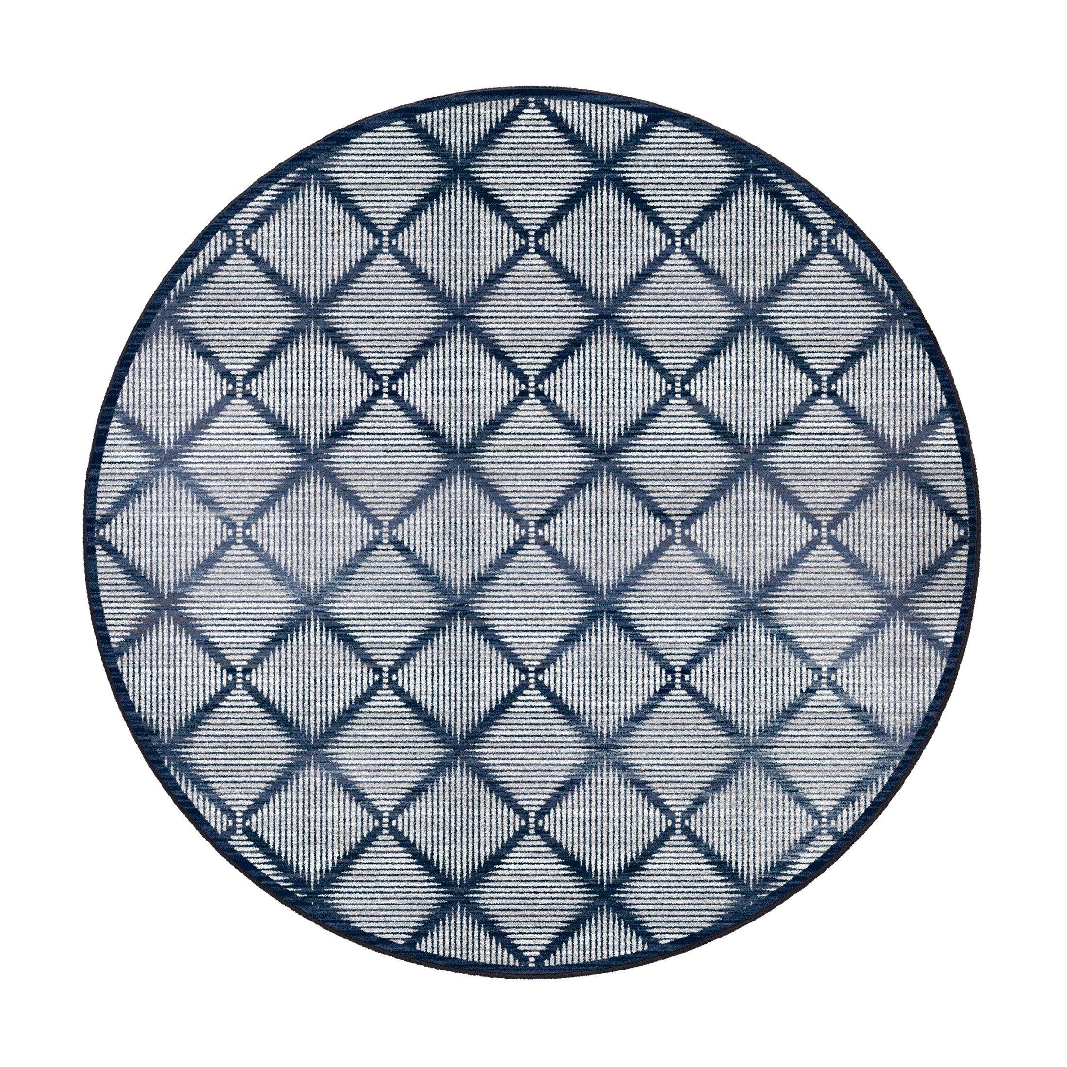 8x8 round Prismspire rug with symmetrical diamond grid pattern in navy and cream, designed for circular spaces or centerpieces