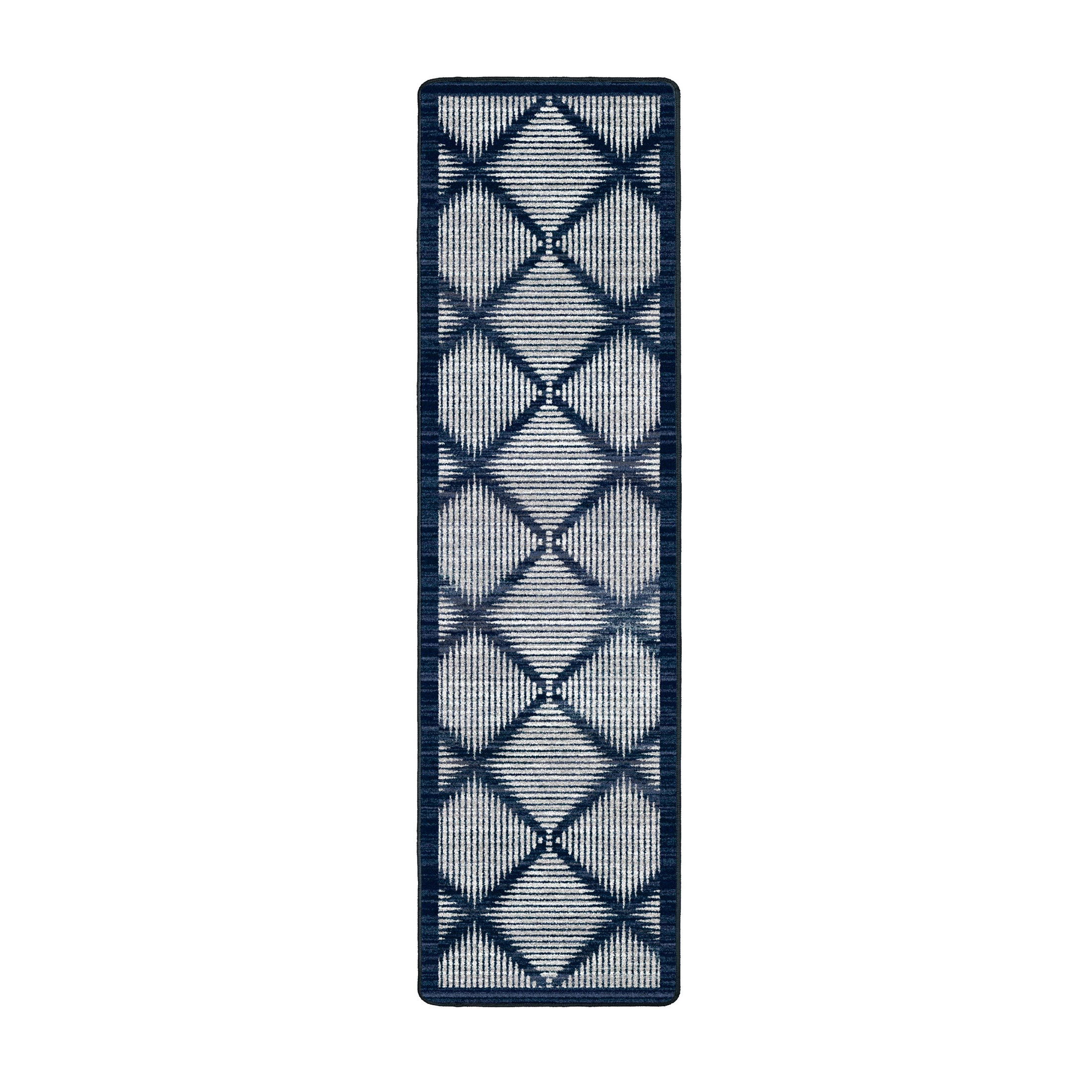 2x8 runner size of the Prismspire rug featuring a navy and cream diamond grid design, ideal for hallways or narrow spaces