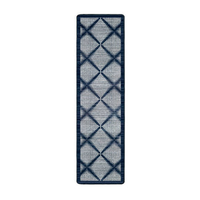 2x8 runner size of the Prismspire rug featuring a navy and cream diamond grid design, ideal for hallways or narrow spaces