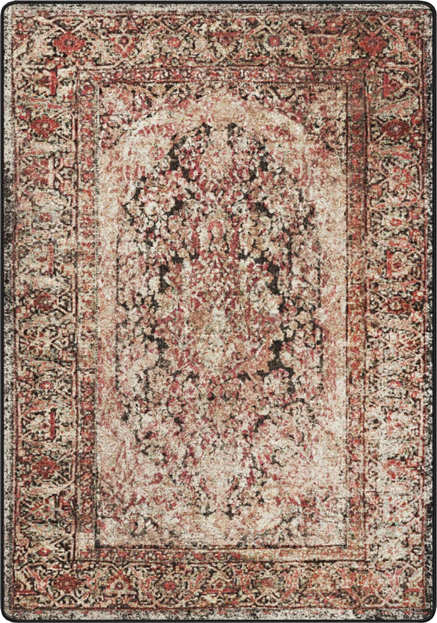 Decorative rug with intricate patterns in red, beige, and brown on a dark background