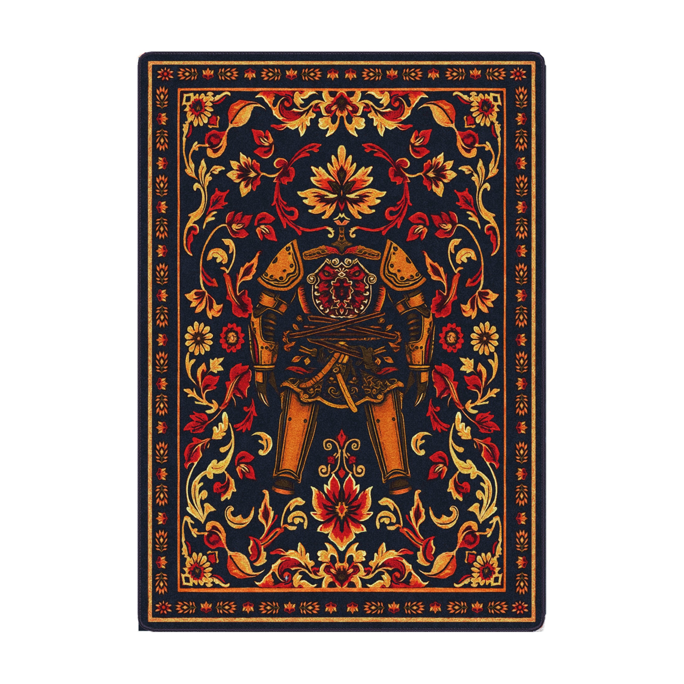 5x8 Reborn Rug featuring ornate golden armor at the center, surrounded by vivid red and gold floral detailing on a dark navy background