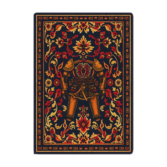 5x8 Reborn Rug featuring ornate golden armor at the center, surrounded by vivid red and gold floral detailing on a dark navy background