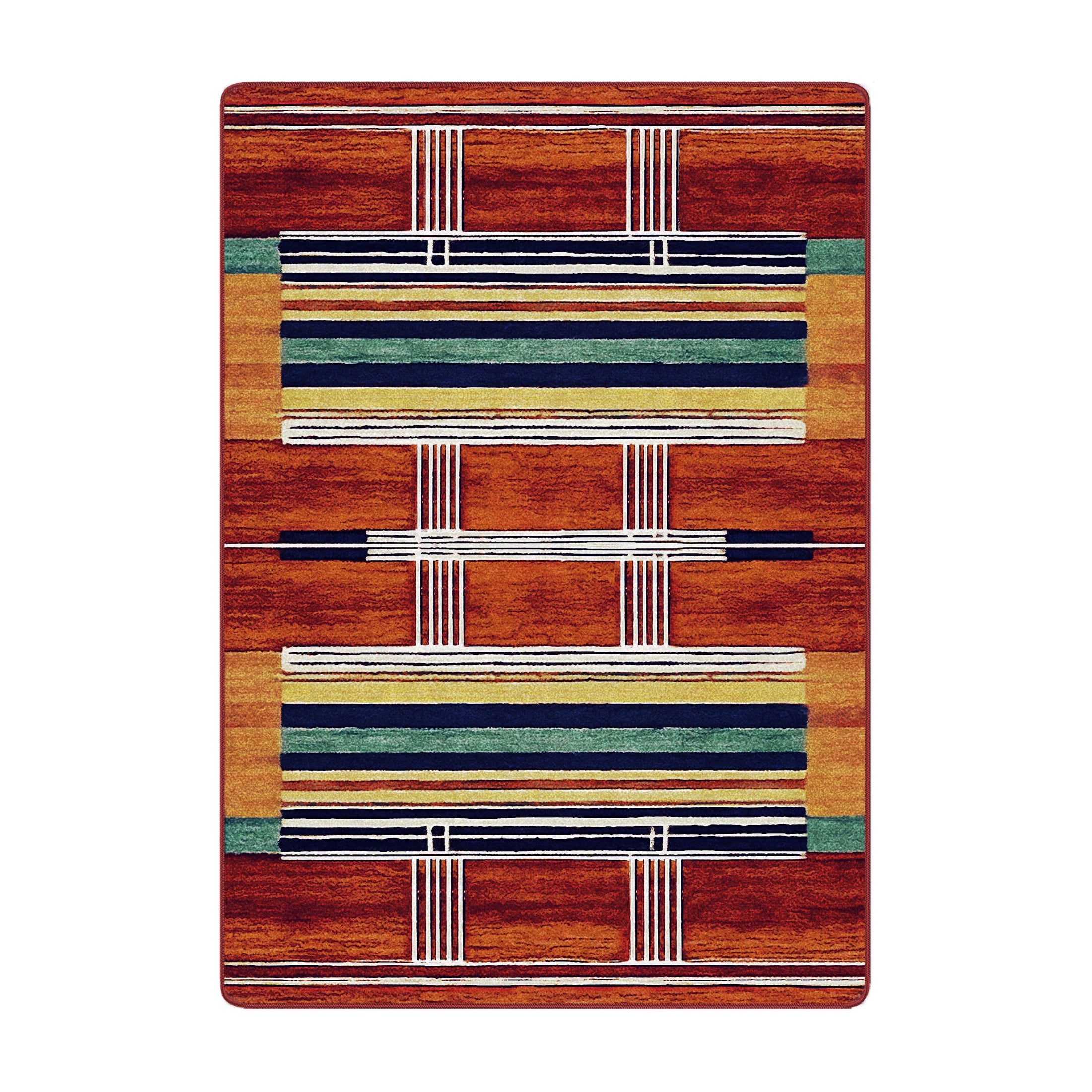 5x8 area rug with bold white linework and deep red, green, and gold horizontal stripes over a warm bourbon-colored background