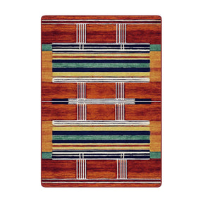 5x8 area rug with bold white linework and deep red, green, and gold horizontal stripes over a warm bourbon-colored background
