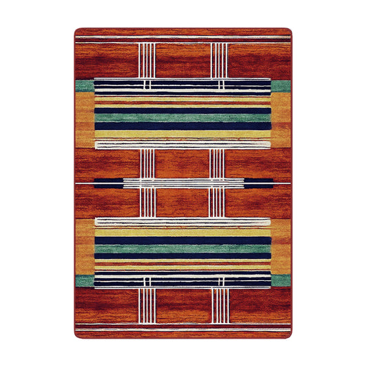 5x8 area rug with bold white linework and deep red, green, and gold horizontal stripes over a warm bourbon-colored background