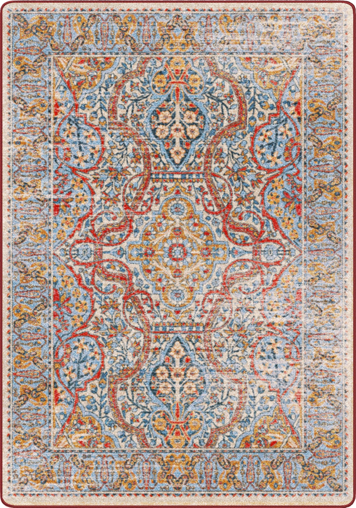 Decorative rug with intricate pattern in red, blue, and beige on a white background