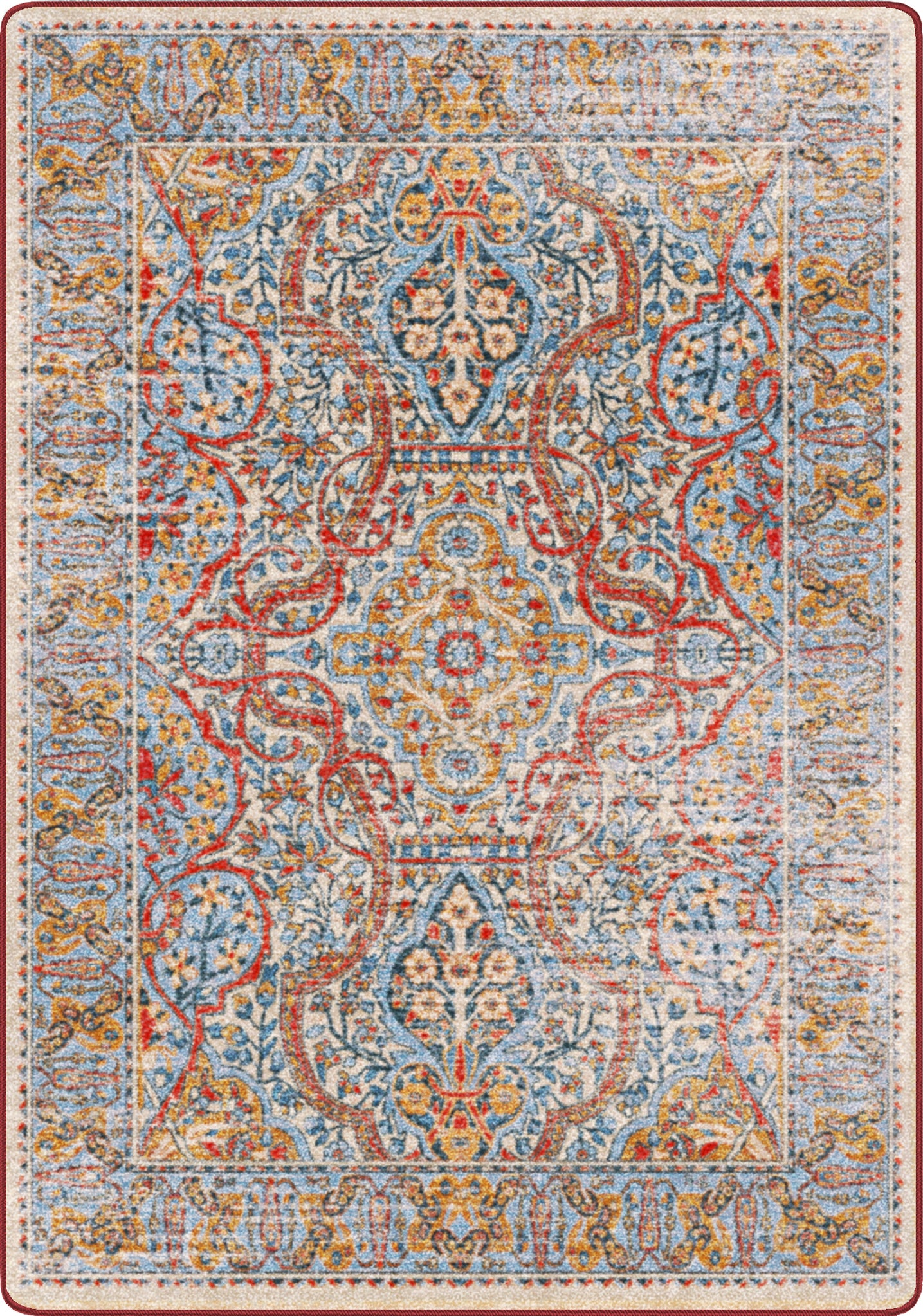 Decorative rug with intricate pattern in red, blue, and beige on a white background