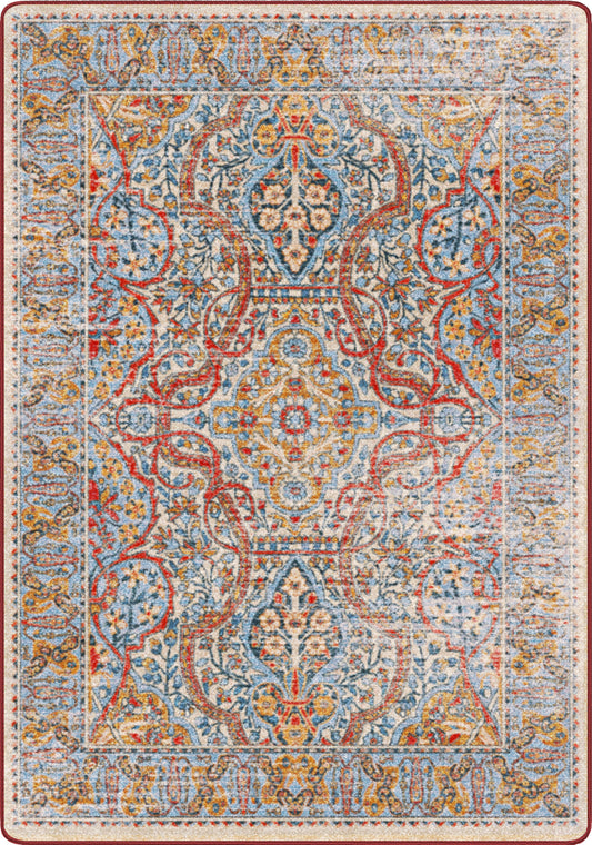 Decorative rug with intricate pattern in red, blue, and beige on a white background
