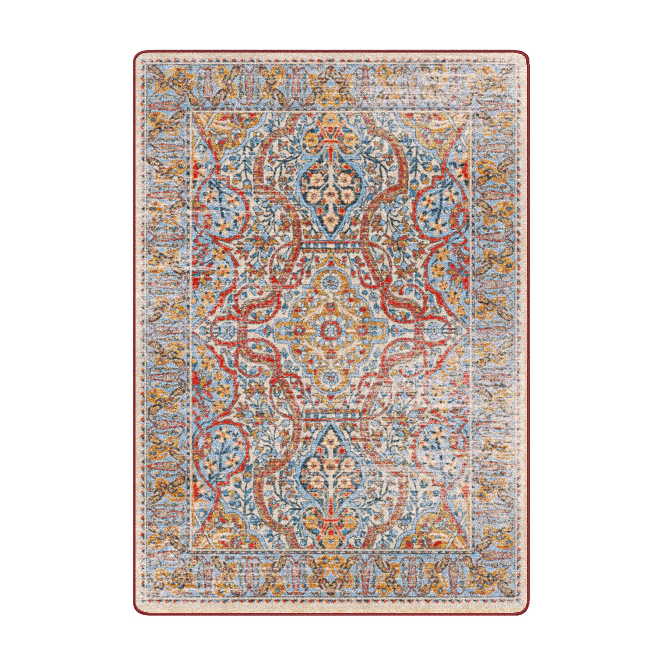 x8 Redreach Rug featuring a bold red medallion design with golden ochre, parchment, and deep blue accents