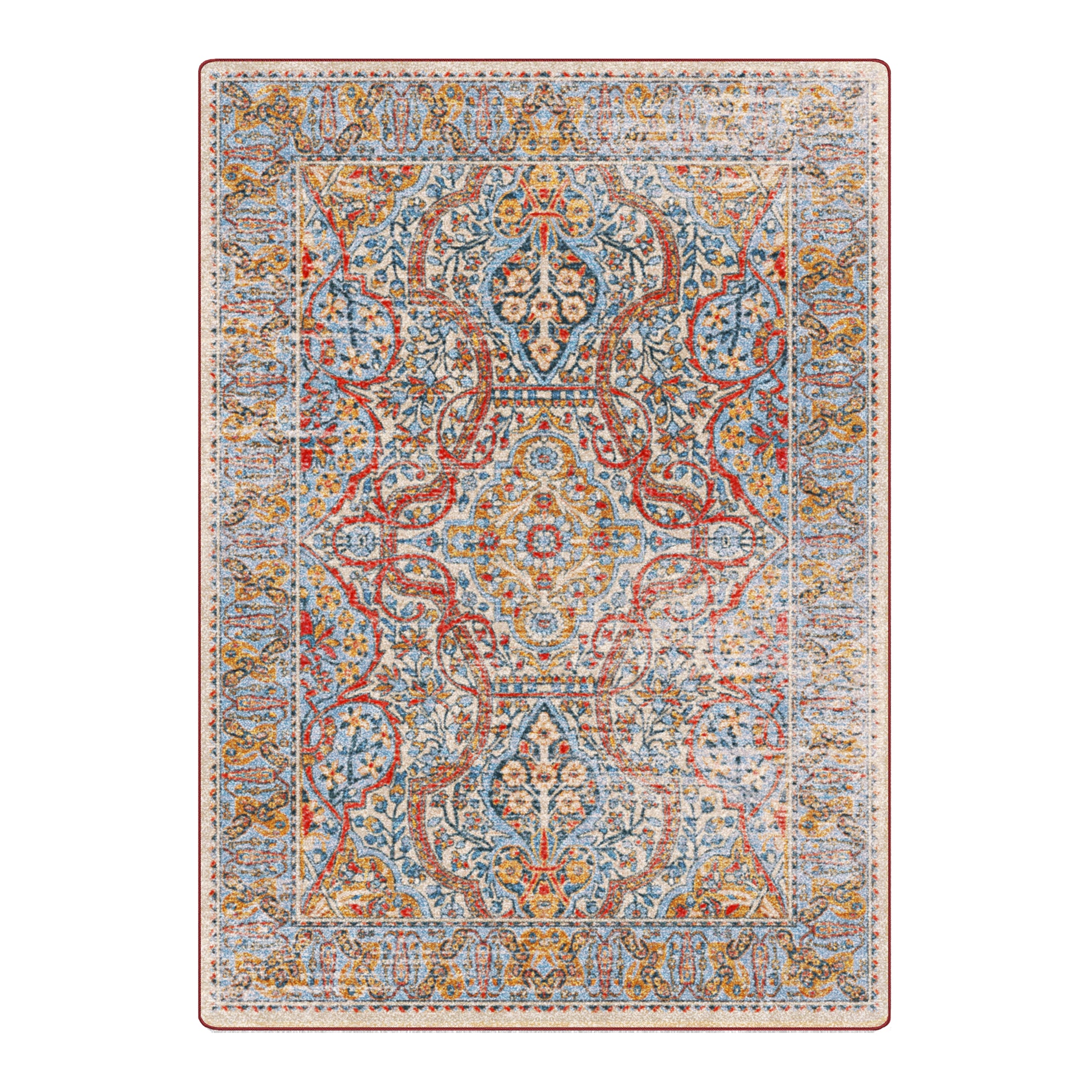 8x11 Redreach Rug featuring an expansive crimson medallion design with gold, parchment, and deep blue detailing—ideal for larger spaces with bold, ceremonial flair