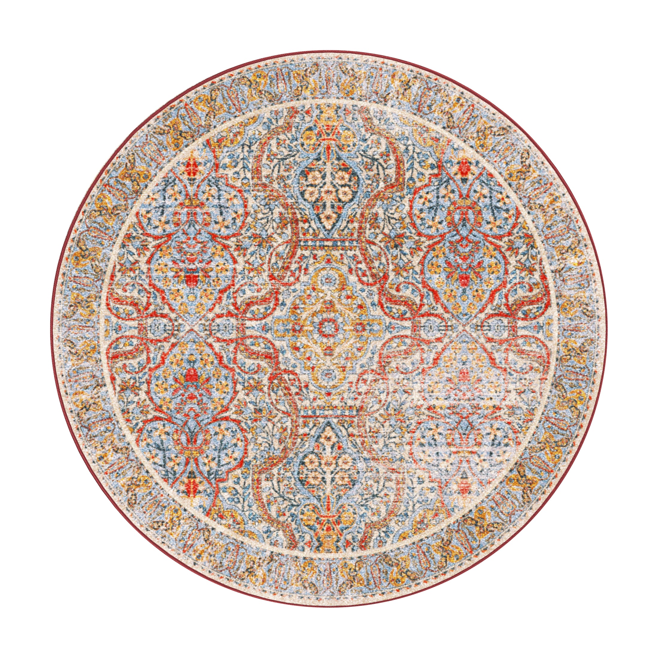 8x8 round version of The Redreach Rug featuring concentric red medallions and intricate floral details