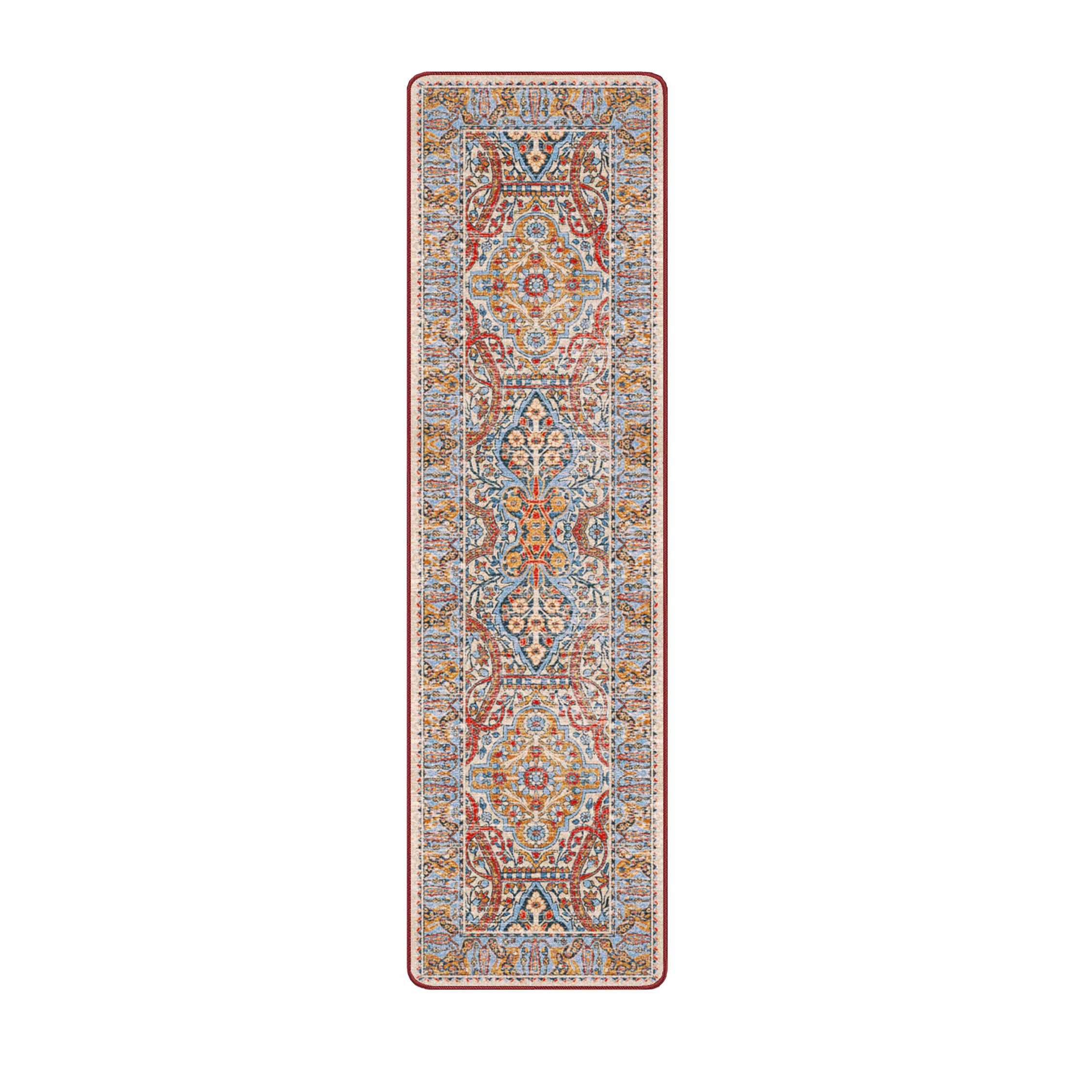 2x8 runner version of The Redreach Rug with rich crimson tones and elongated golden medallions