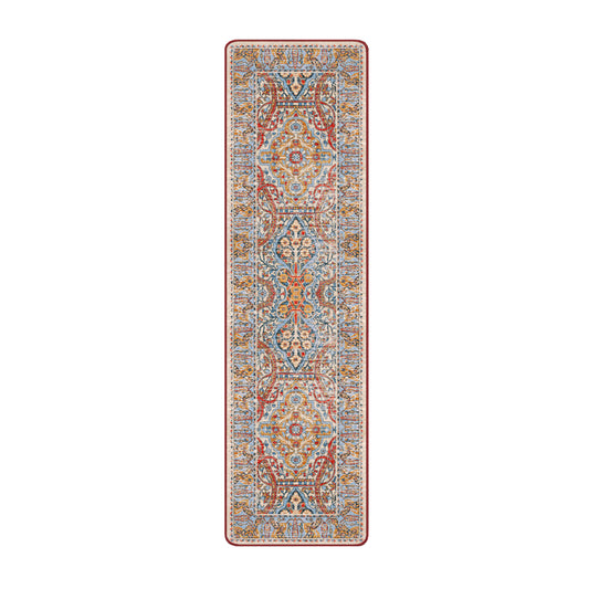 2x8 runner version of The Redreach Rug with rich crimson tones and elongated golden medallions
