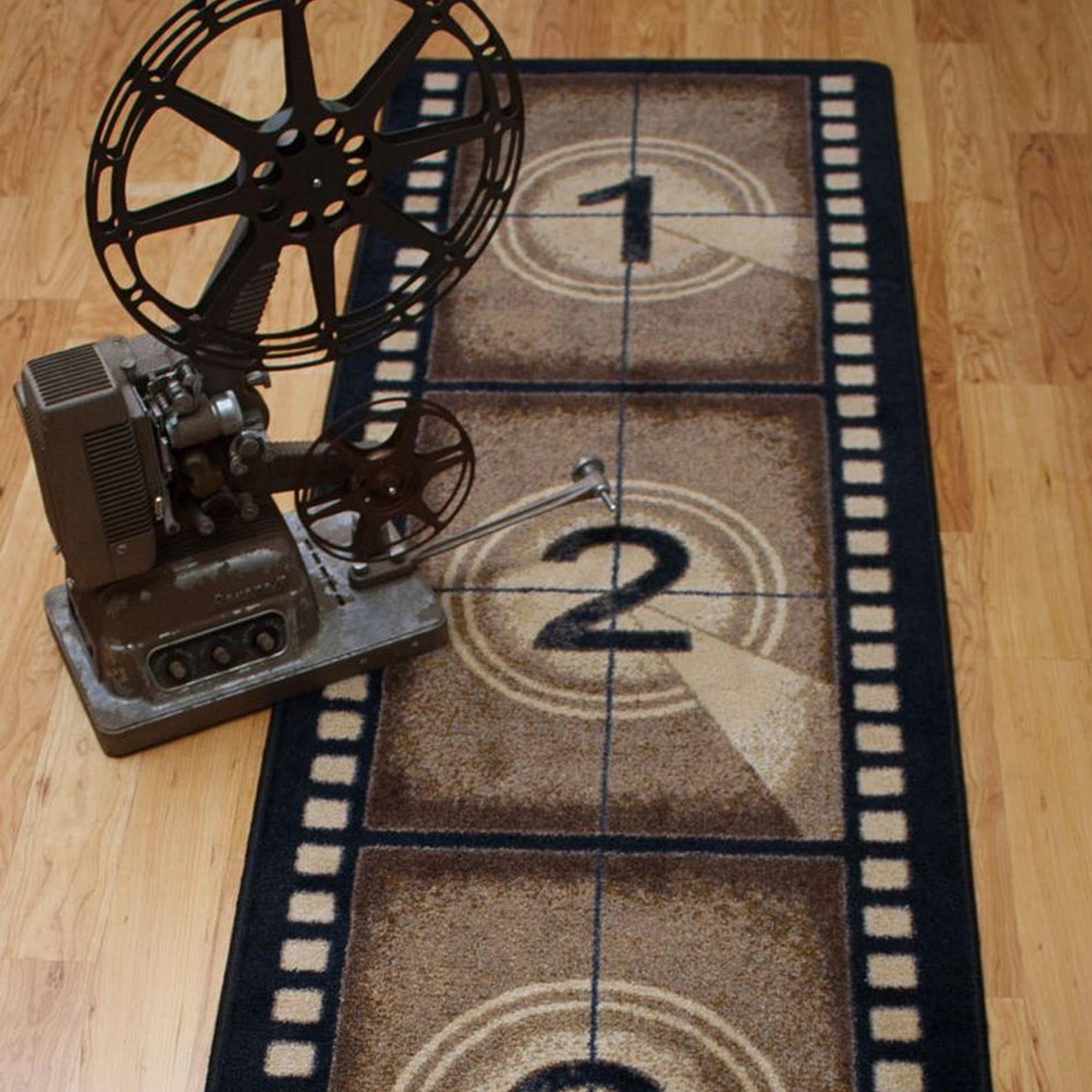 Reel Time rug styled with a vintage film projector, showcasing its filmstrip countdown design in a retro home theater setup