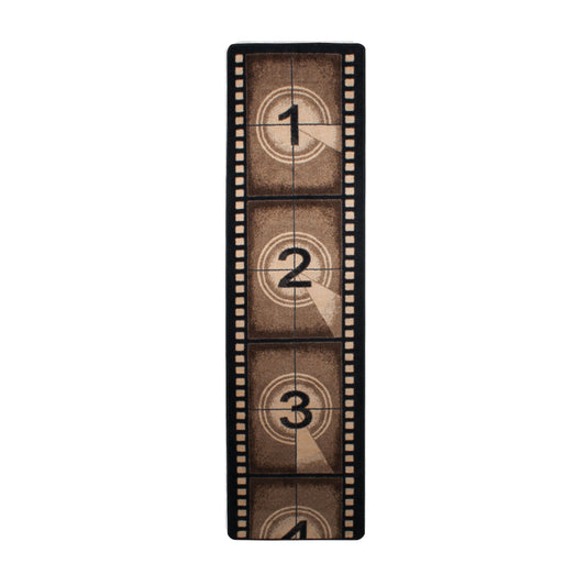 Reel Time runner rug shown flat against a white background, styled like a classic movie countdown reel