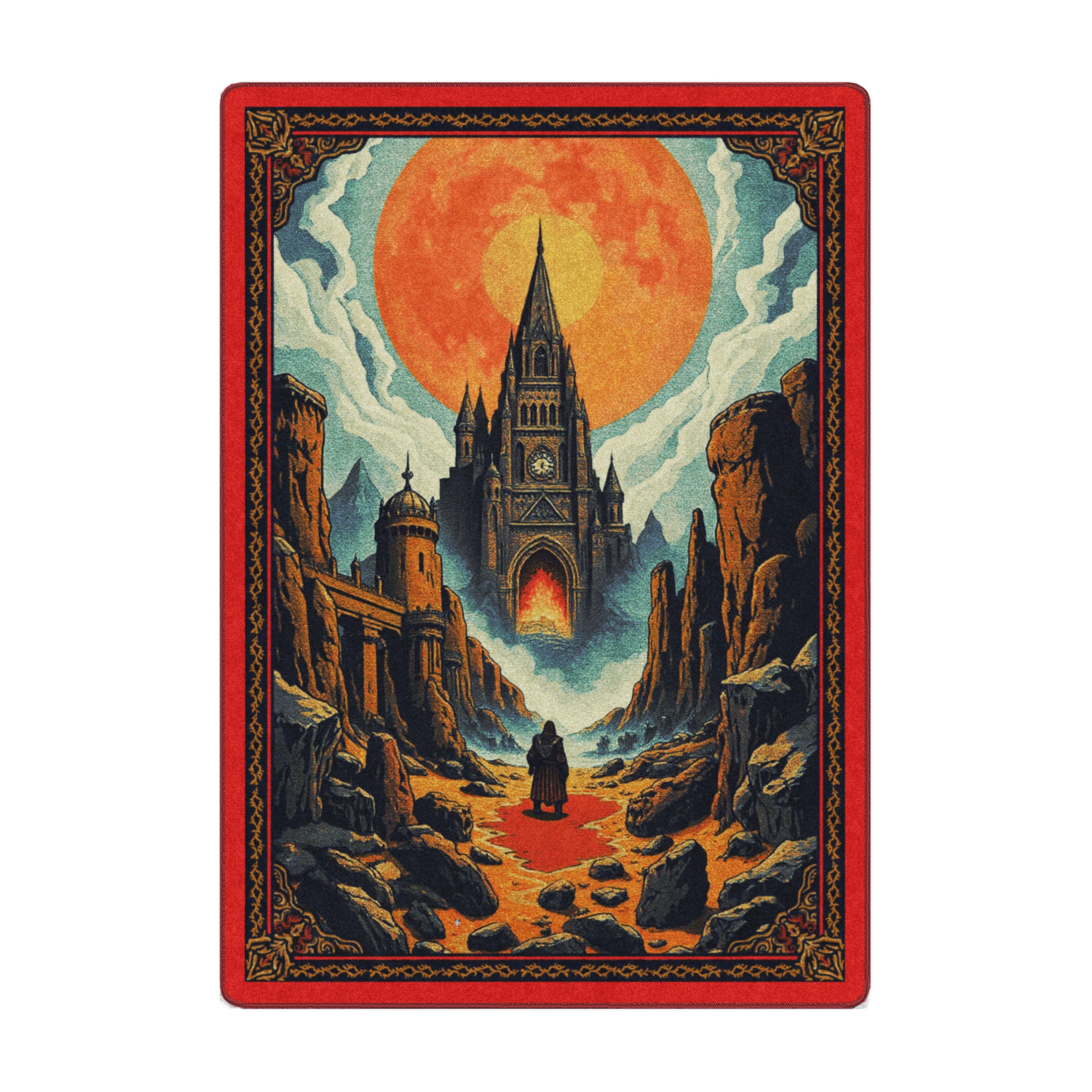 5x8 The Road to Emberkeep Rug showing a cloaked figure approaching a dark fantasy castle under a blazing orange sky, with a vivid red border and rocky terrain

