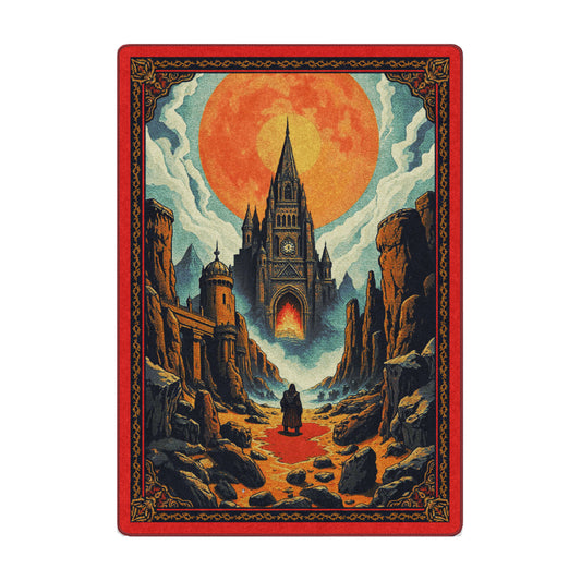 5x8 The Road to Emberkeep Rug showing a cloaked figure approaching a dark fantasy castle under a blazing orange sky, with a vivid red border and rocky terrain

