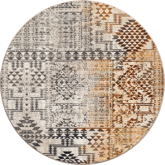 Round Sandveil Map area rug in 8x8 size with tribal-inspired patterns in sun-washed gold, rust, and charcoal.