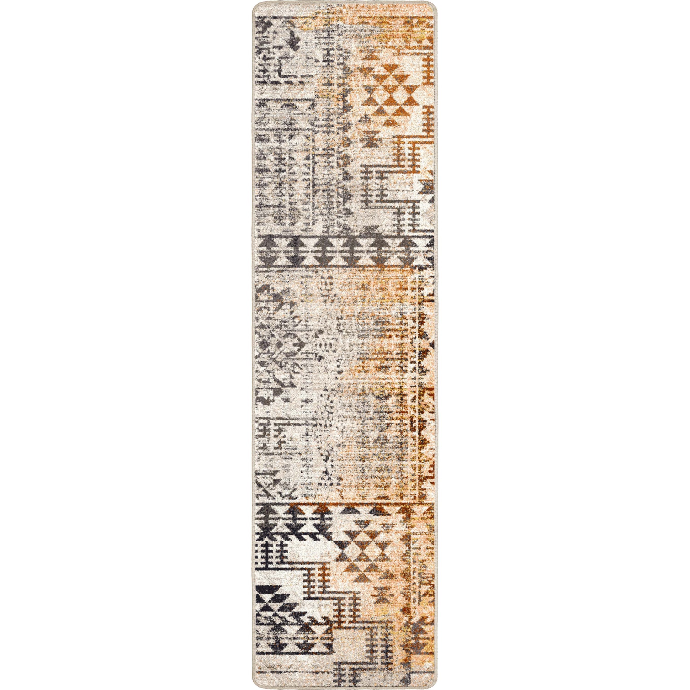 Sandveil Map runner rug in 2x8 size featuring rustic geometric patterns in warm earth tones, ideal for hallways and entryways.