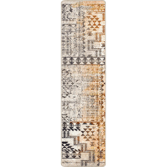 Sandveil Map runner rug in 2x8 size featuring rustic geometric patterns in warm earth tones, ideal for hallways and entryways.