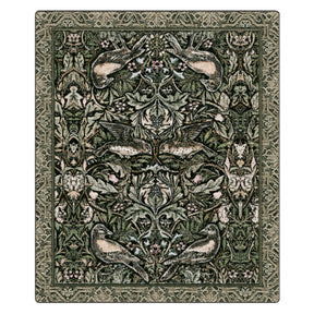 11x13 Secret Garden rug with a lush forest-inspired design of birds and botanicals in earthy greens and soft florals

