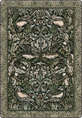 Load image into Gallery viewer, Decorative rug with intricate patterns of birds and foliage on a green background
