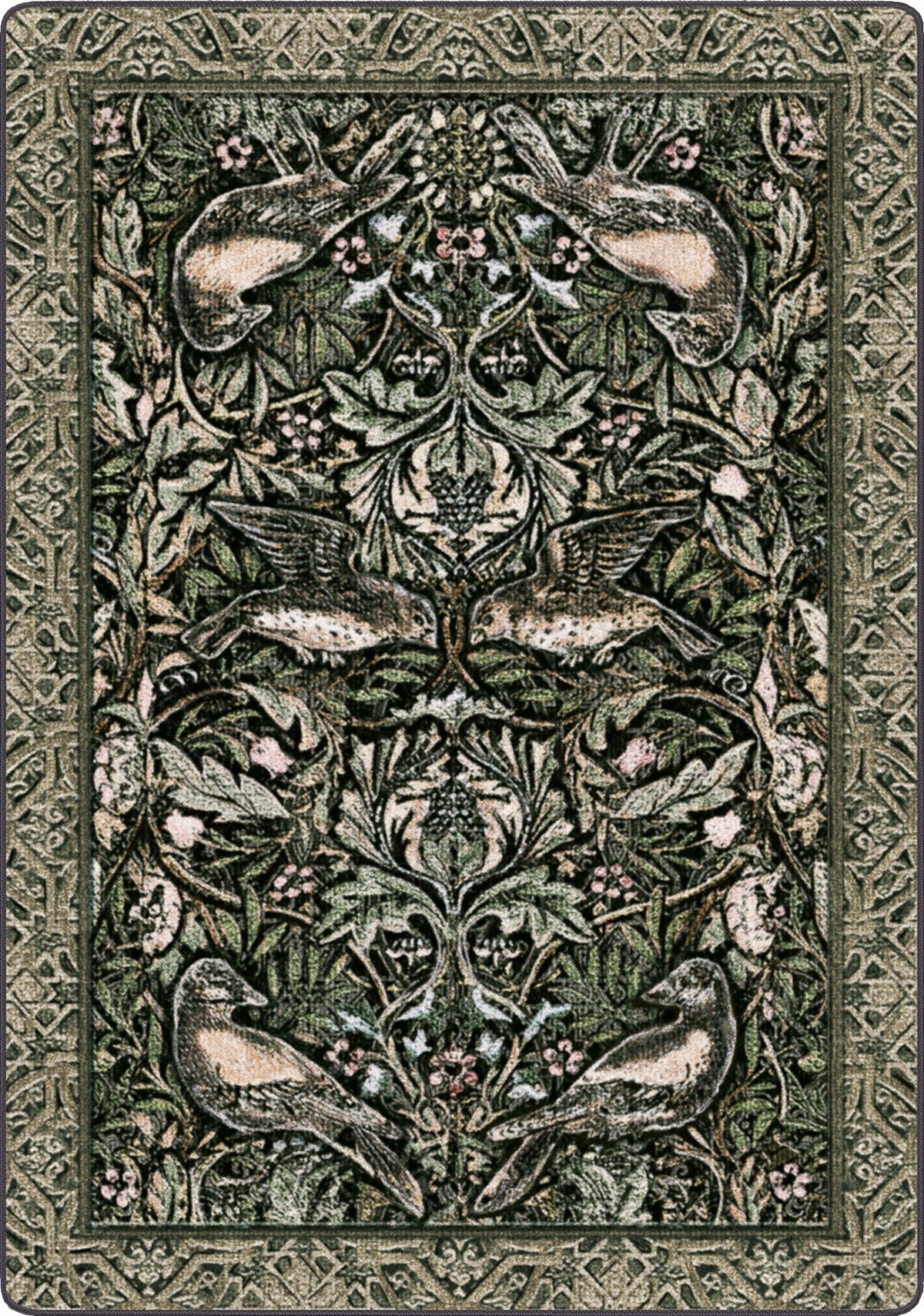 Decorative rug with intricate patterns of birds and foliage on a green background