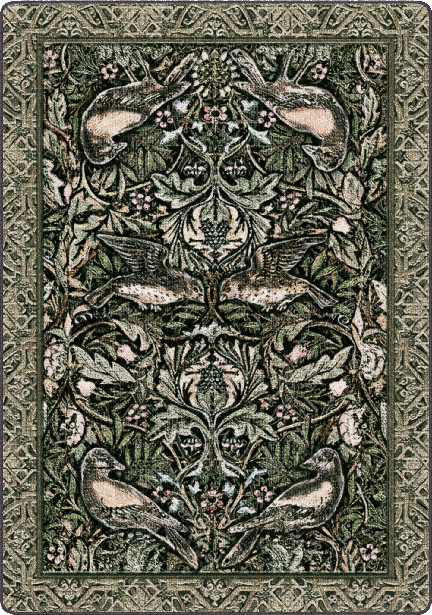 Decorative rug with intricate patterns of birds and foliage on a green background