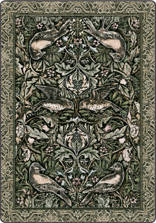 Decorative rug with intricate patterns of birds and foliage on a green background