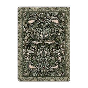5x8 Secret Garden rug featuring mirrored birds, blooming flowers, and winding vines in moss, rose, and bark tones