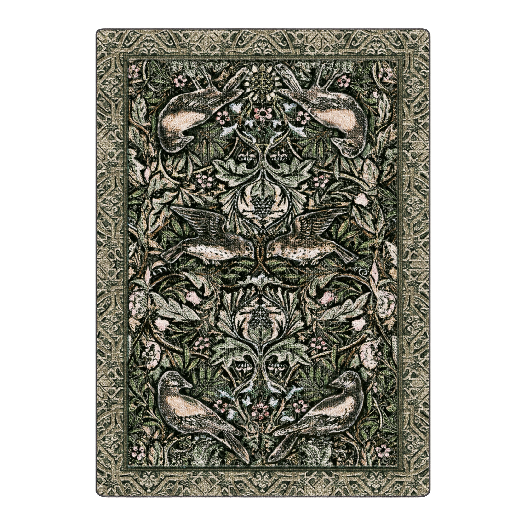 8x11 Secret Garden rug featuring a symmetrical layout of birds, flowers, and vines in moss green, rose blush, and earthy bark tones—perfect for larger rooms with a touch of magic

