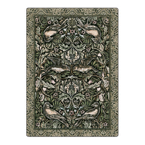 8x11 Secret Garden rug featuring a symmetrical layout of birds, flowers, and vines in moss green, rose blush, and earthy bark tones—perfect for larger rooms with a touch of magic

