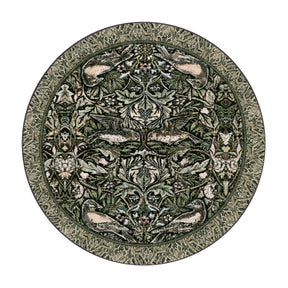 8x8 round version of The Secret Garden rug featuring a circular layout of mirrored birds and curling vines