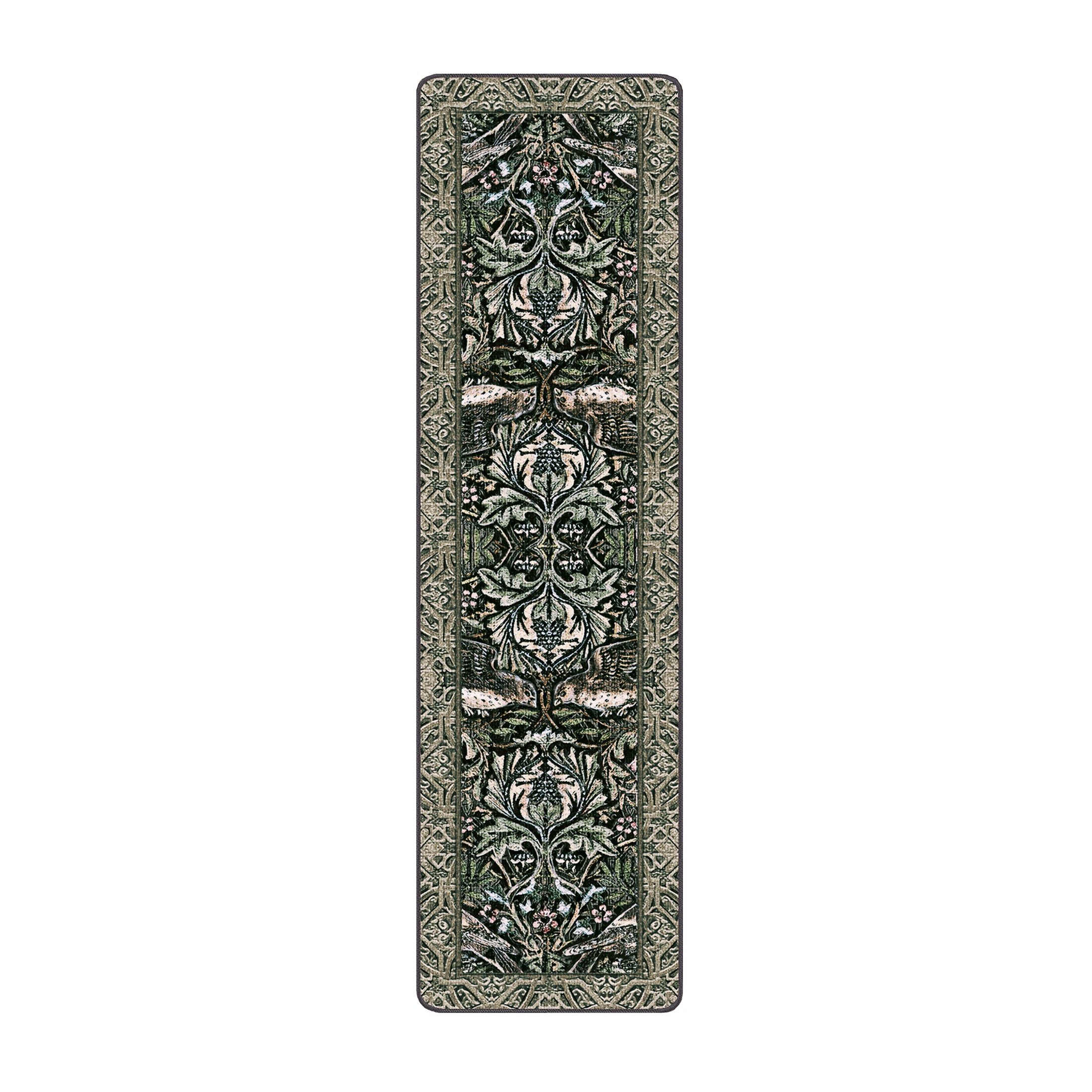 2x8 runner version of The Secret Garden rug with symmetrical garden pattern and woodland tones