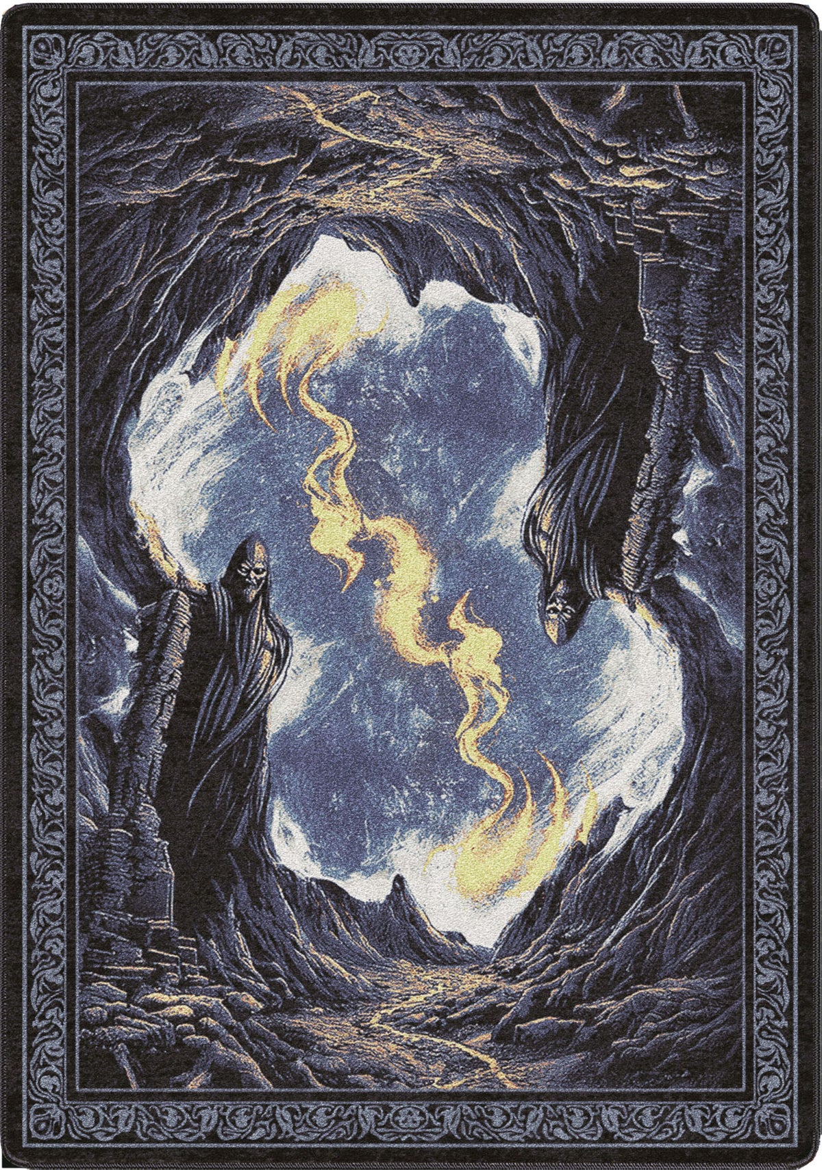 Artistic depiction of a hooded figures in a mountainous landscape ug for ttrps spaces and game rooms