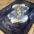 Load image into Gallery viewer, Top-down angled view of the Silent Watch game room rug, featuring two black dragons facing each other across a swirl of golden flame.

