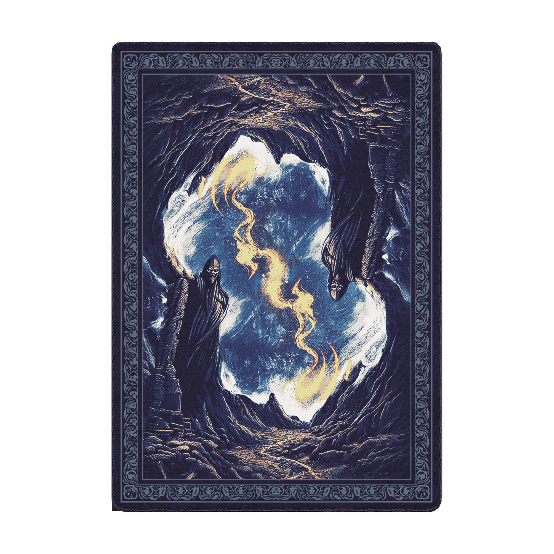 5x8 Silent Watch Rug featuring a mirrored cave scene with two robed stone sentinels and a glowing portal sky with swirling light above a winding path
