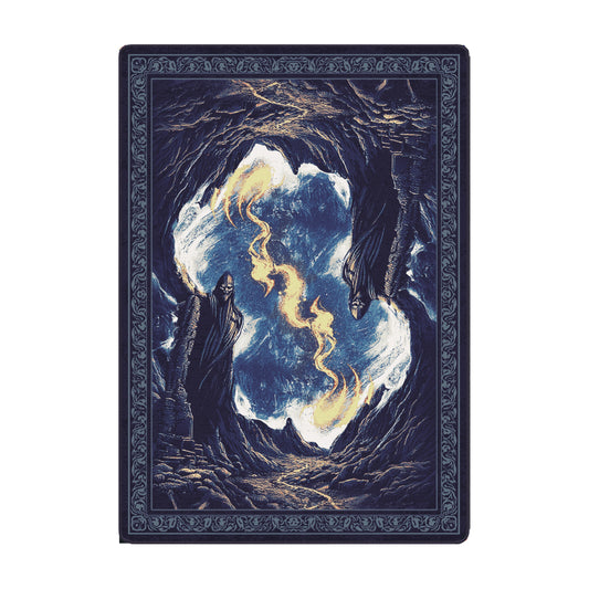 5x8 Silent Watch Rug featuring a mirrored cave scene with two robed stone sentinels and a glowing portal sky with swirling light above a winding path