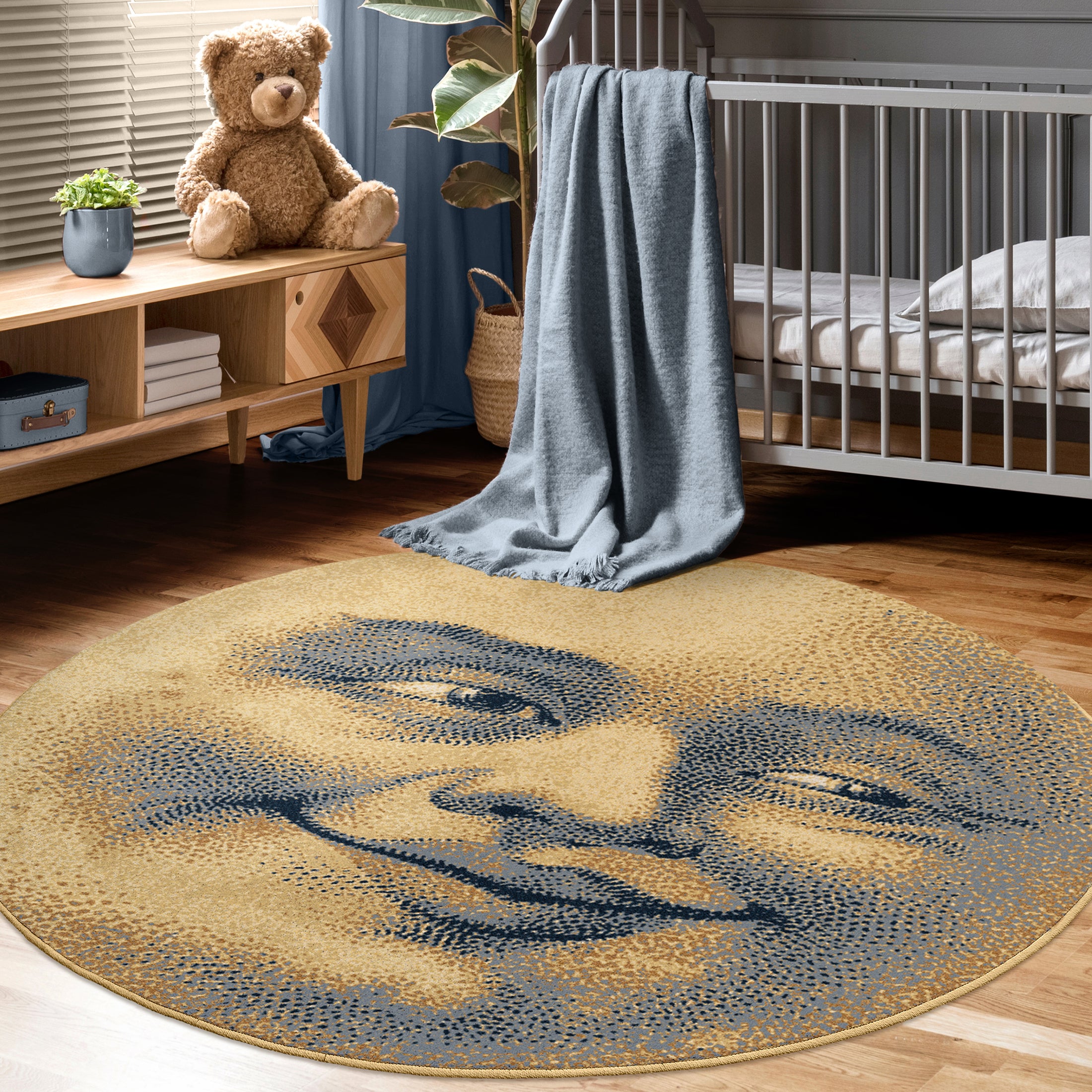 Nursery scene featuring the Smiling Sky rug centered in the room, with its vintage-style moon face design adding a warm, whimsical touch to the space

