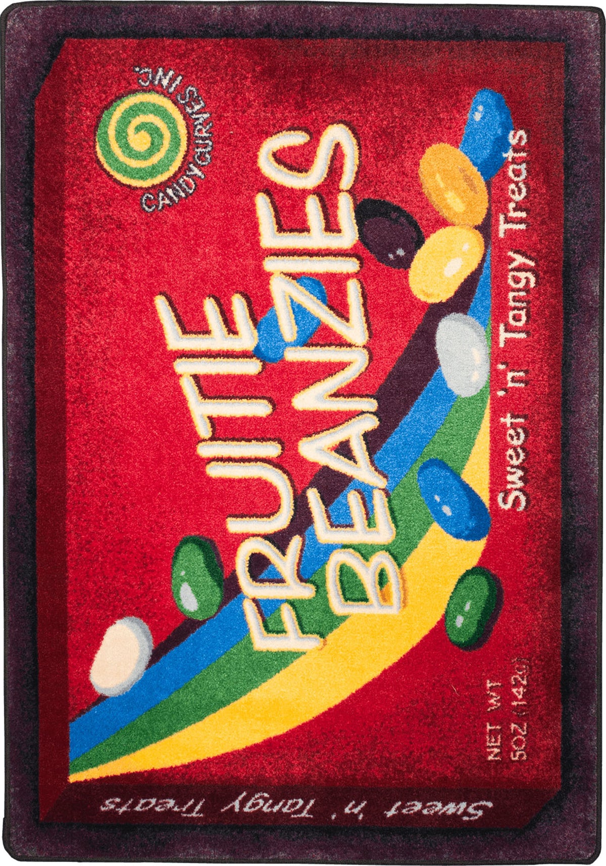 Fruity Beanies candy package with colorful design on a red background