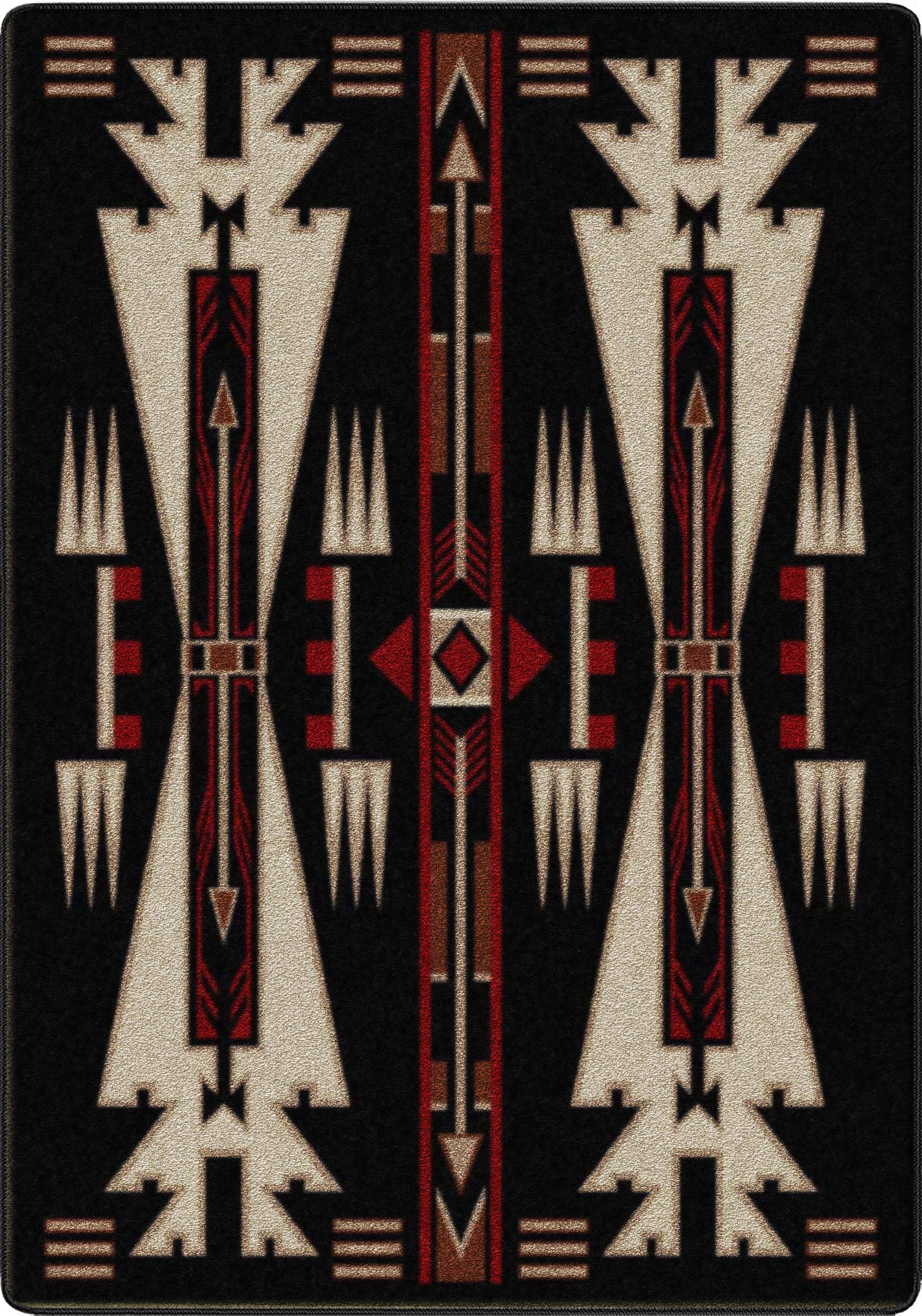 Rug with geometric pattern featuring triangles and arrows on a black background